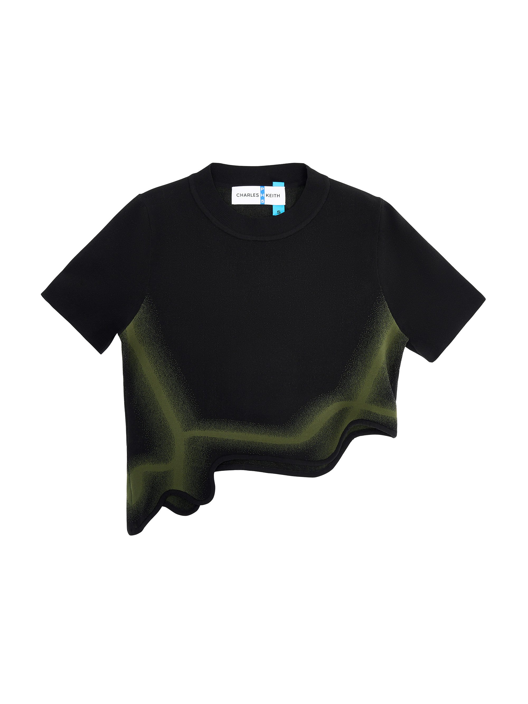 Recycled Polyester Knitted Gradient Wave-Hem Crop Top - Green - CHARLES & KEITH x PH5