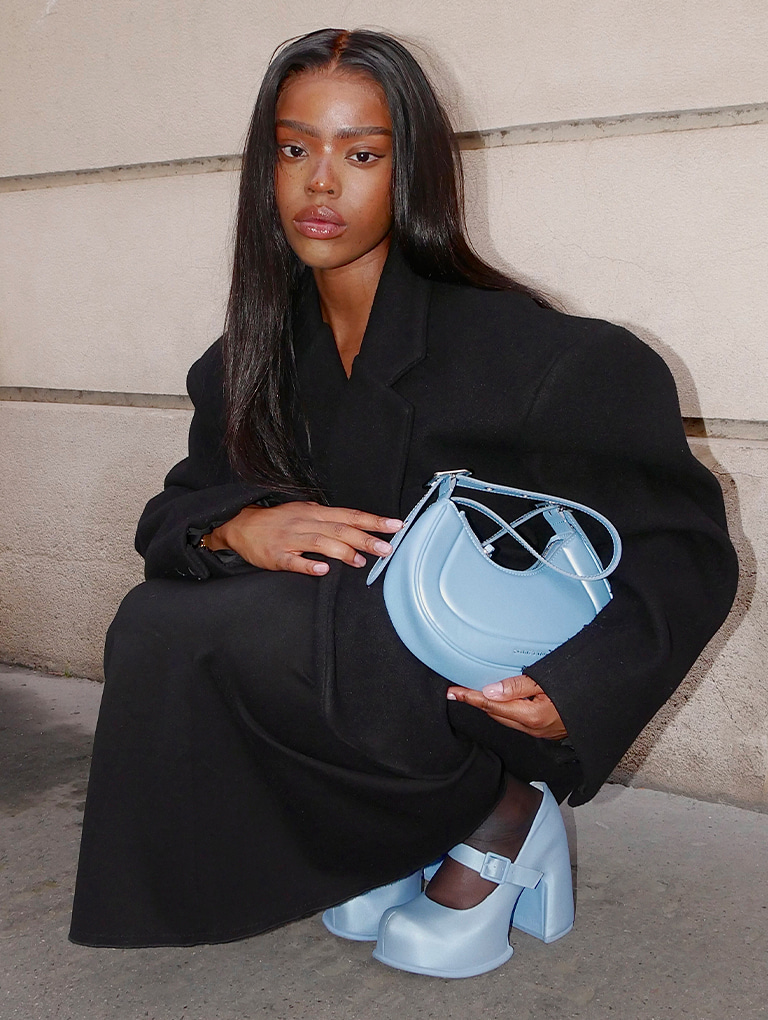 Women’s Petra Curved Shoulder Bag and Pixie Platform Mary Janes, both in blue - CHARLES & KEITH