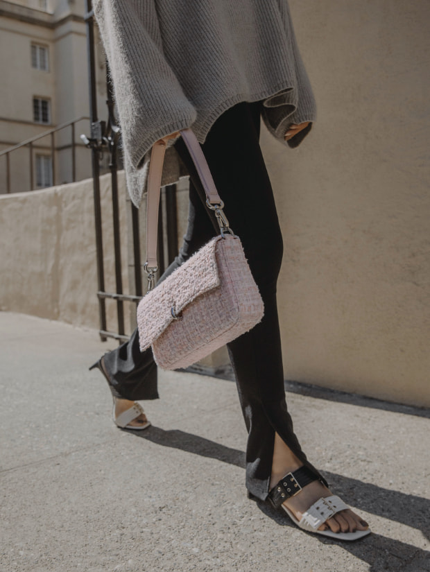 Women’s double buckle blade heel mules and tweed shoulder bag from gift set - CHARLES & KEITH