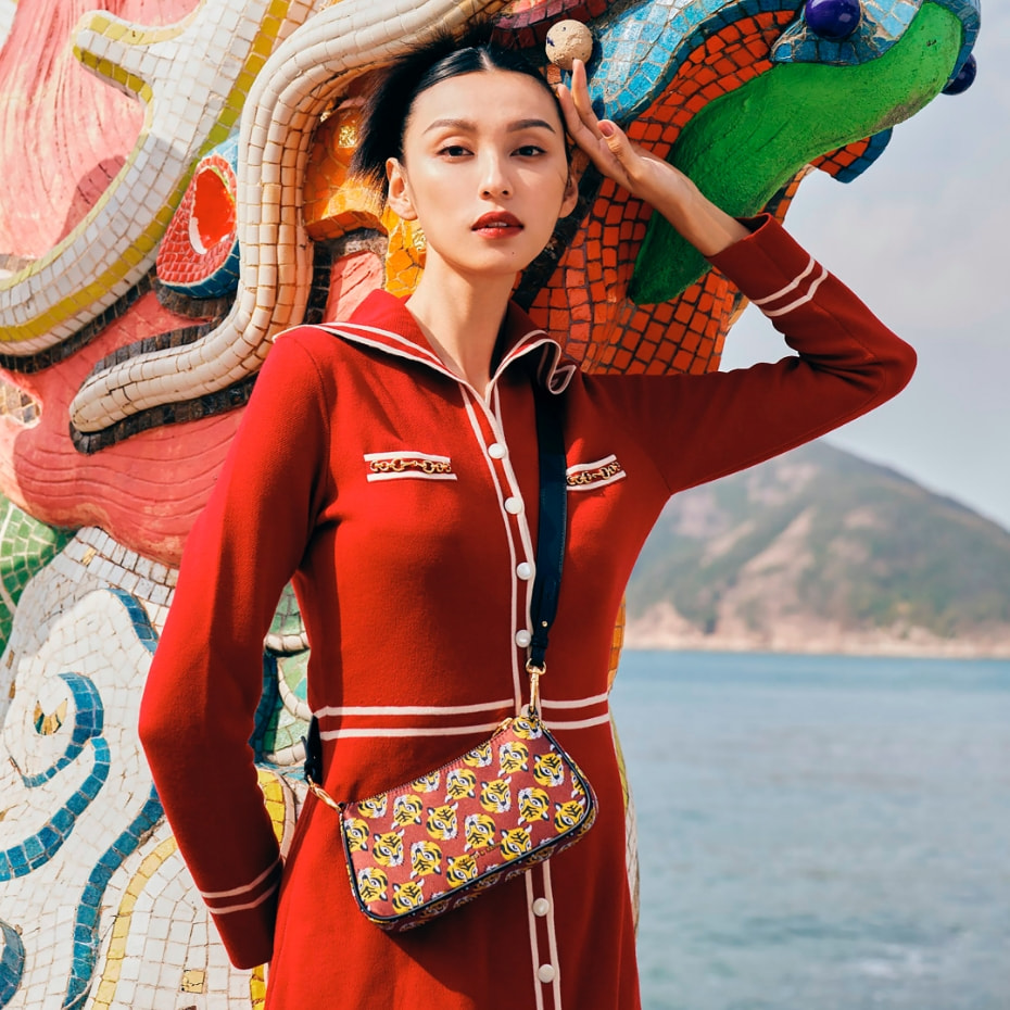 Tiger Print Jacquard Shoulder Bag in red - CHARLES & KEITH