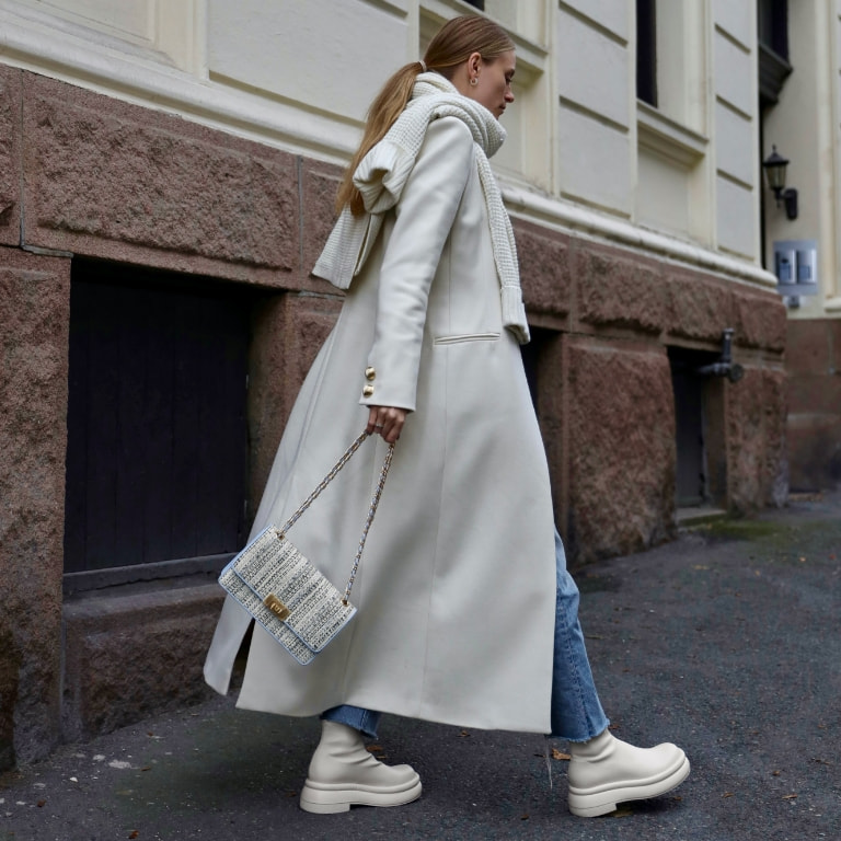 Everette chain-strap tweed shoulder bag and Nola slip-on ankle boots in chalk - CHARLES & KEITH