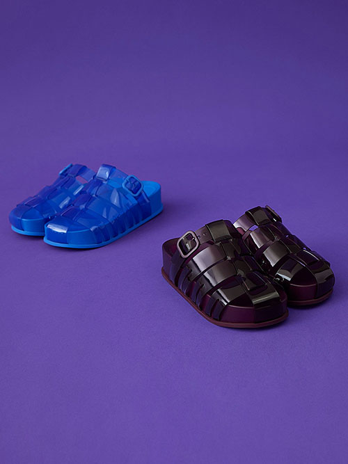 Madison Caged See-Through Slide Sandals, Purple & Blue