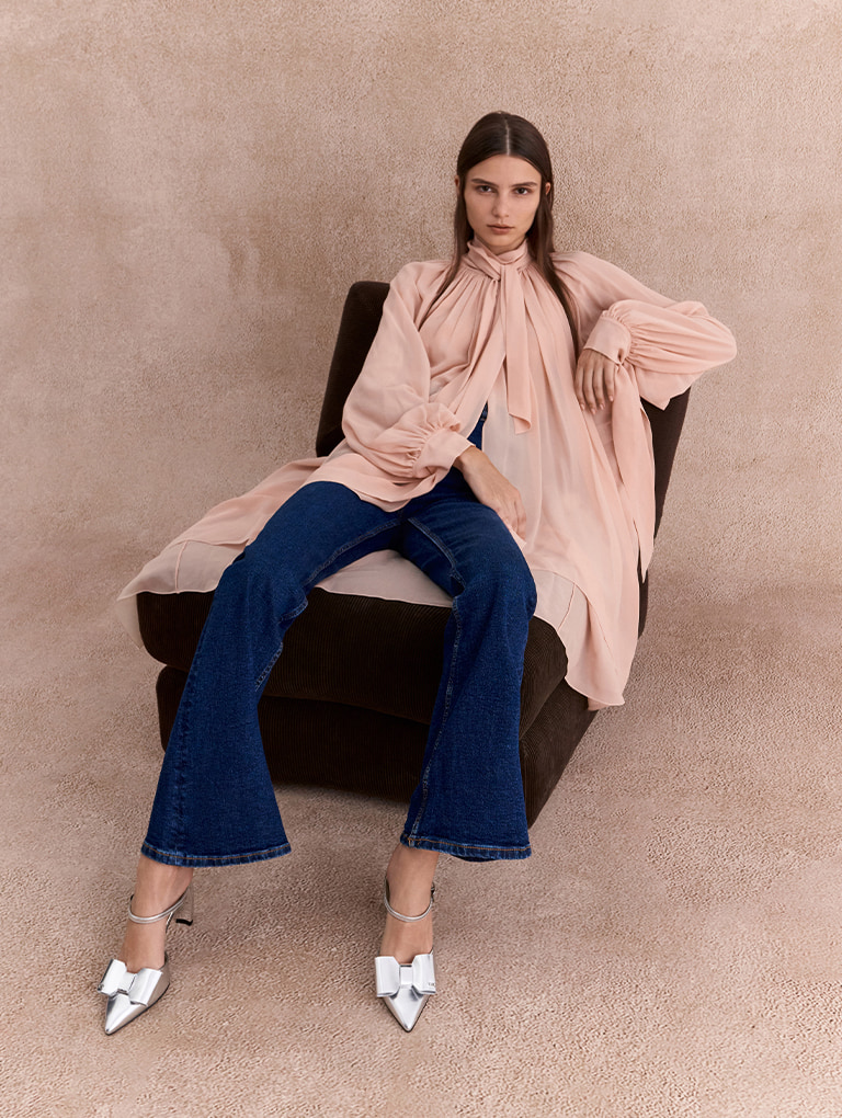 Lu Metallic Leather Bow Blade-Heel Mules in silver - CHARLES & KEITH