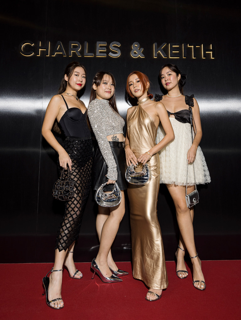 Women’s Mini Croc-Effect Metallic Moon Bag in silver, Patent Slant-Heel Ankle-Strap Sandals in black, Avis Metallic Printed-Buckle Wallet in silver, Satin Beaded Drawstring Top Handle Bag in black and Patent Slant-Heel Pointed - CHARLES & KEITH