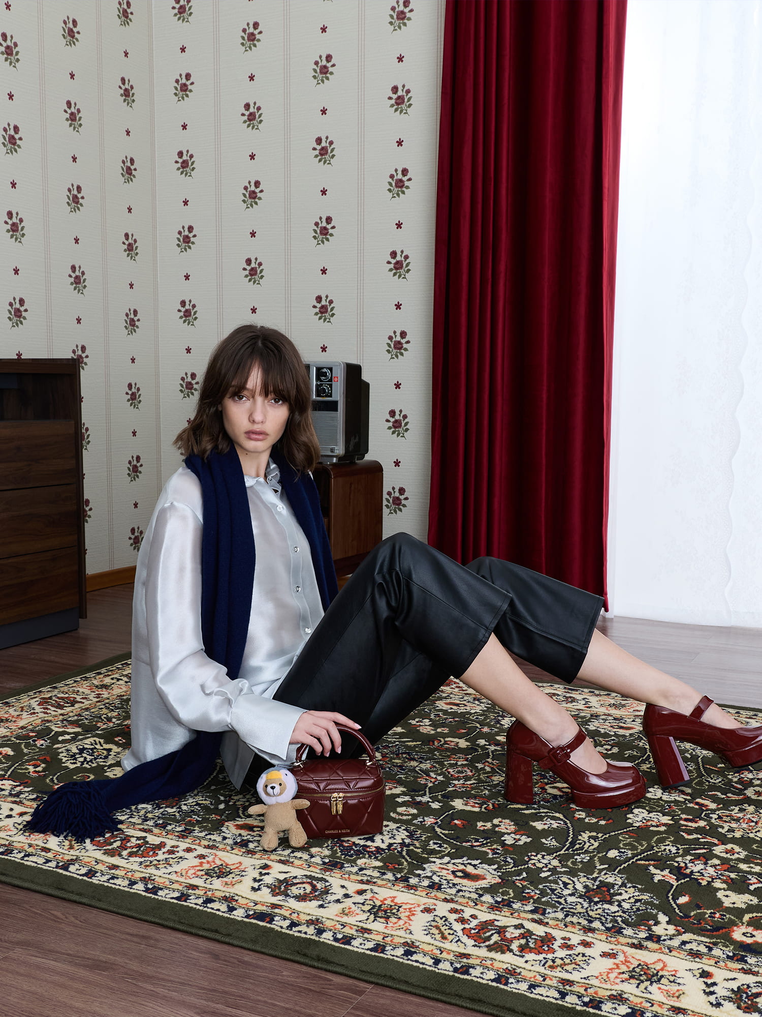 Burgundy Patent Block-Heel Platform Mary Jane Pumps - CHARLES & KEITH