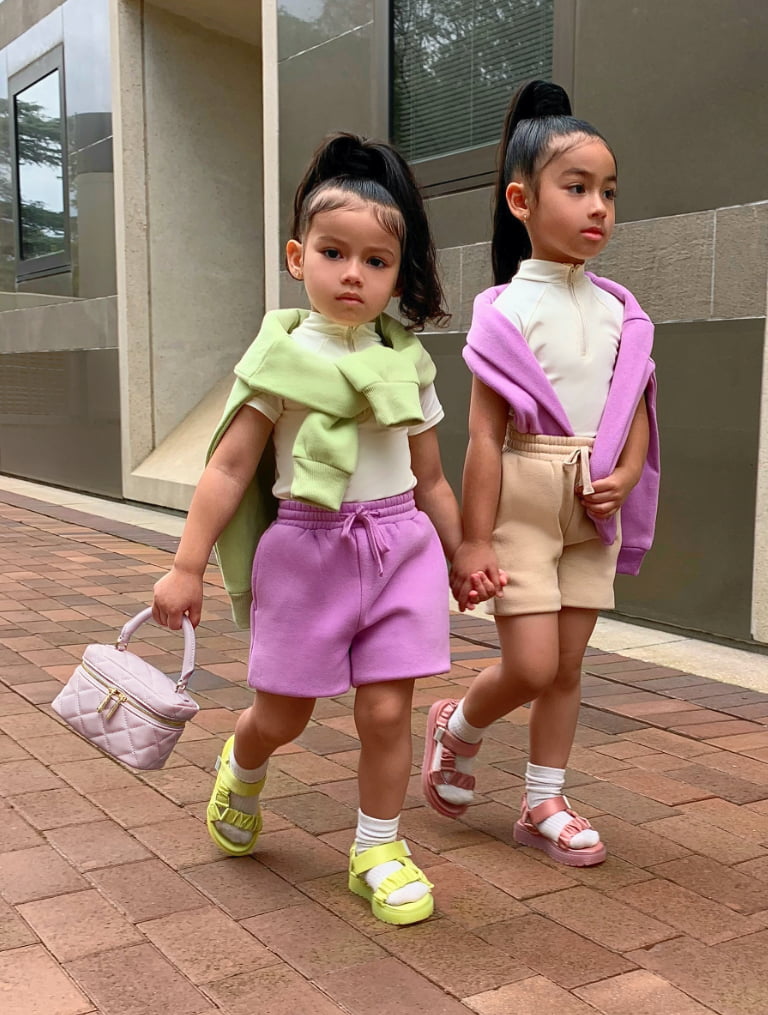 Girls’ fabric ruched sports sandals and two-way zip quilted bag, as seen on Mia and Tatiana (@miaxtati) - CHARLES & KEITH