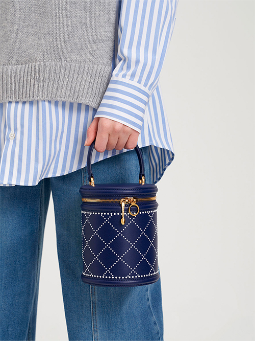 Marietta Bead-Embellished Bucket Bag, Navy