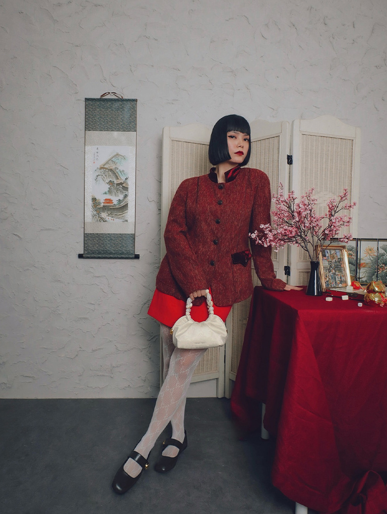 Women’s Aviary jacquard beaded-handle bag, jacquard mini bag, Kerry chain-handle crossbody bag and Yara patent Mary Jane flats, as seen on Dheviana Bena and siblings  