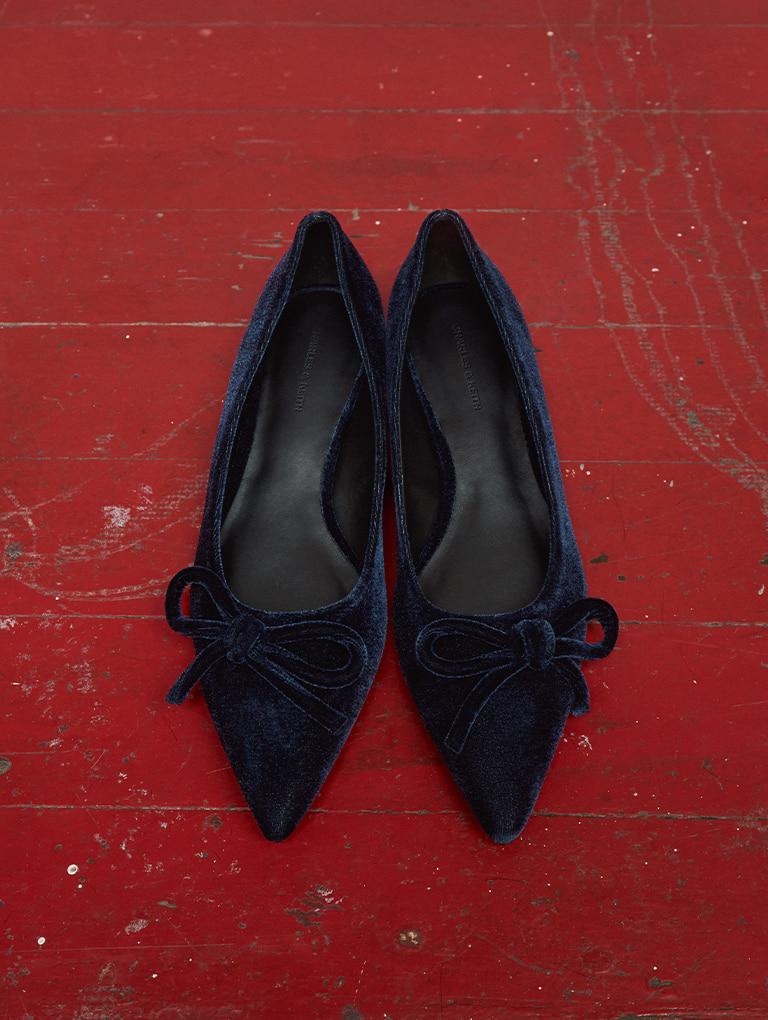Women’s velvet bow pointed-toe flats in dark blue  - CHARLES & KEITH