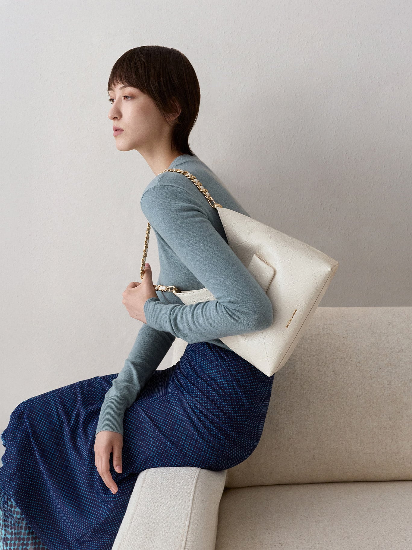 Cream Duo Quilted Front-Pocket Chain Hobo Bag -  CHARLES & KEITH