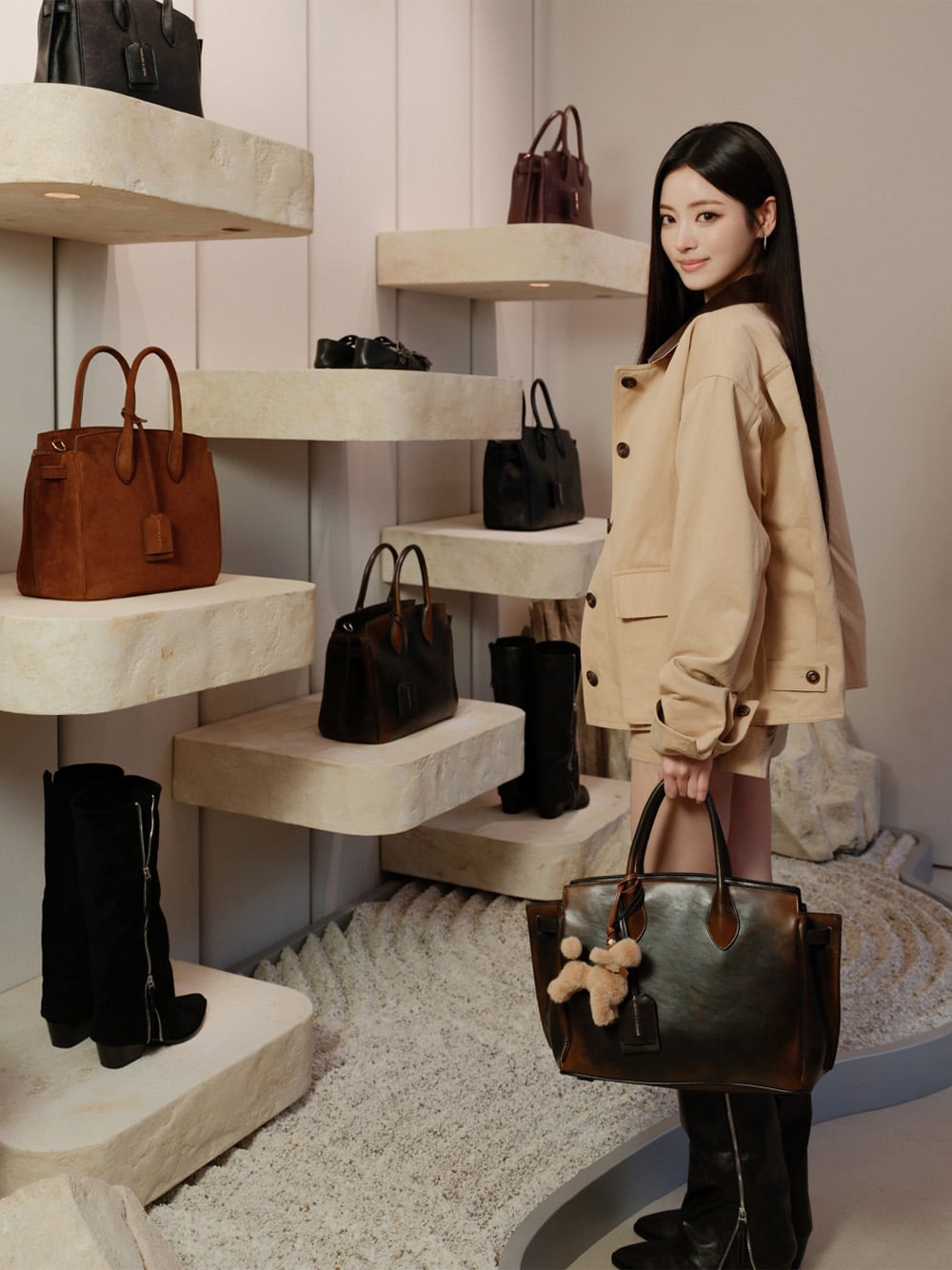 Large Ginevra Tote Bag in brown and Aether Tassel-Zip Knee-High Boots in brown - CHARLES & KEITH