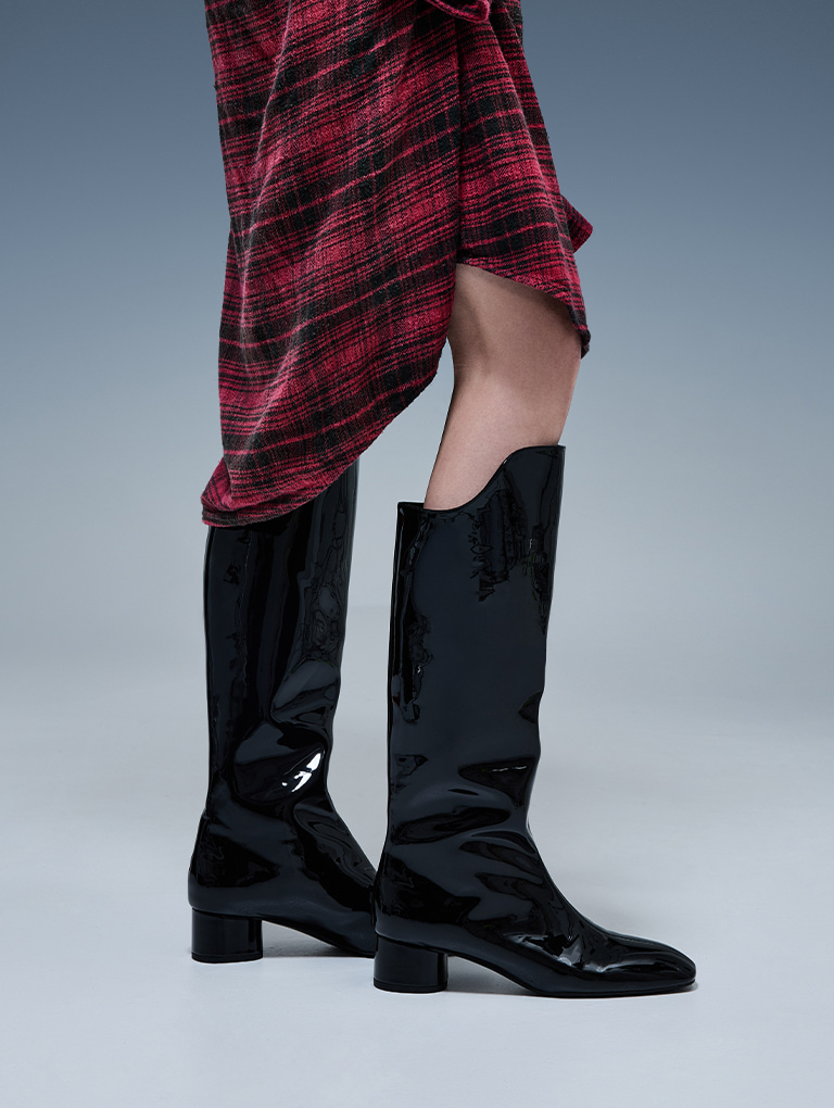 Women’s patent elongated square-toe knee-high boots in black patent  - CHARLES & KEITH