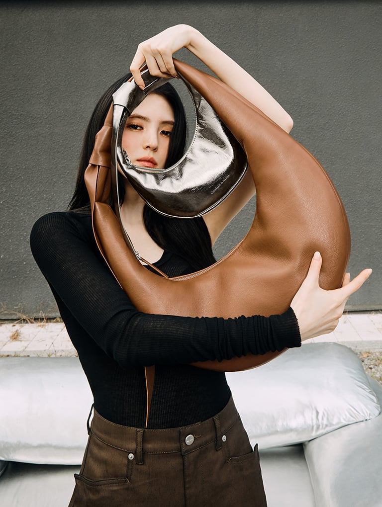 Women’s micro Toni knotted crescent hobo bag in pewter & Toni knotted crescent hobo bag in chocolate  - CHARLES & KEITH