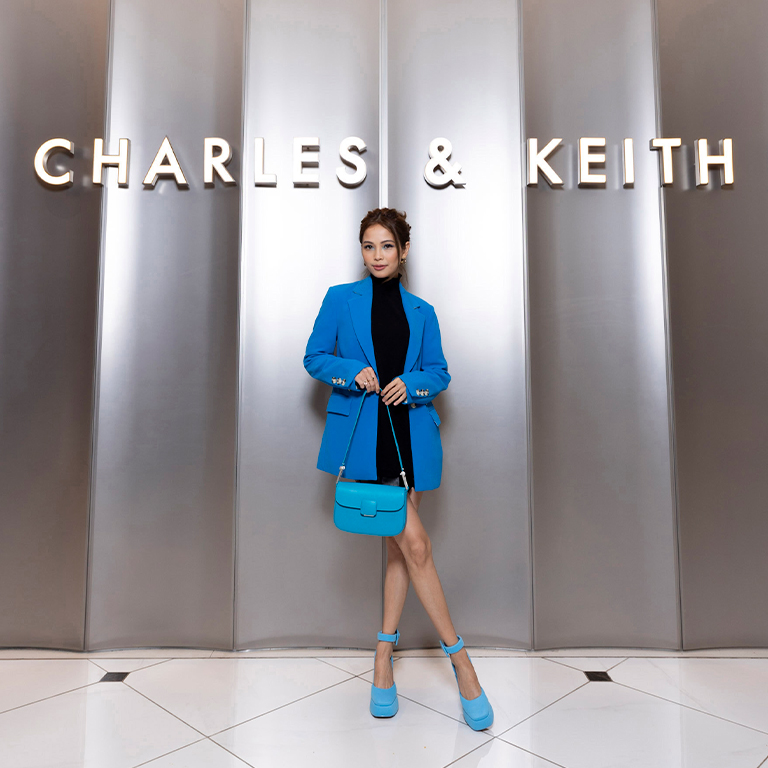 Woven Buckled D'Orsay Platform Pumps and Koa Square Push-Lock Shoulder Bag, both in blue - CHARLES & KEITH