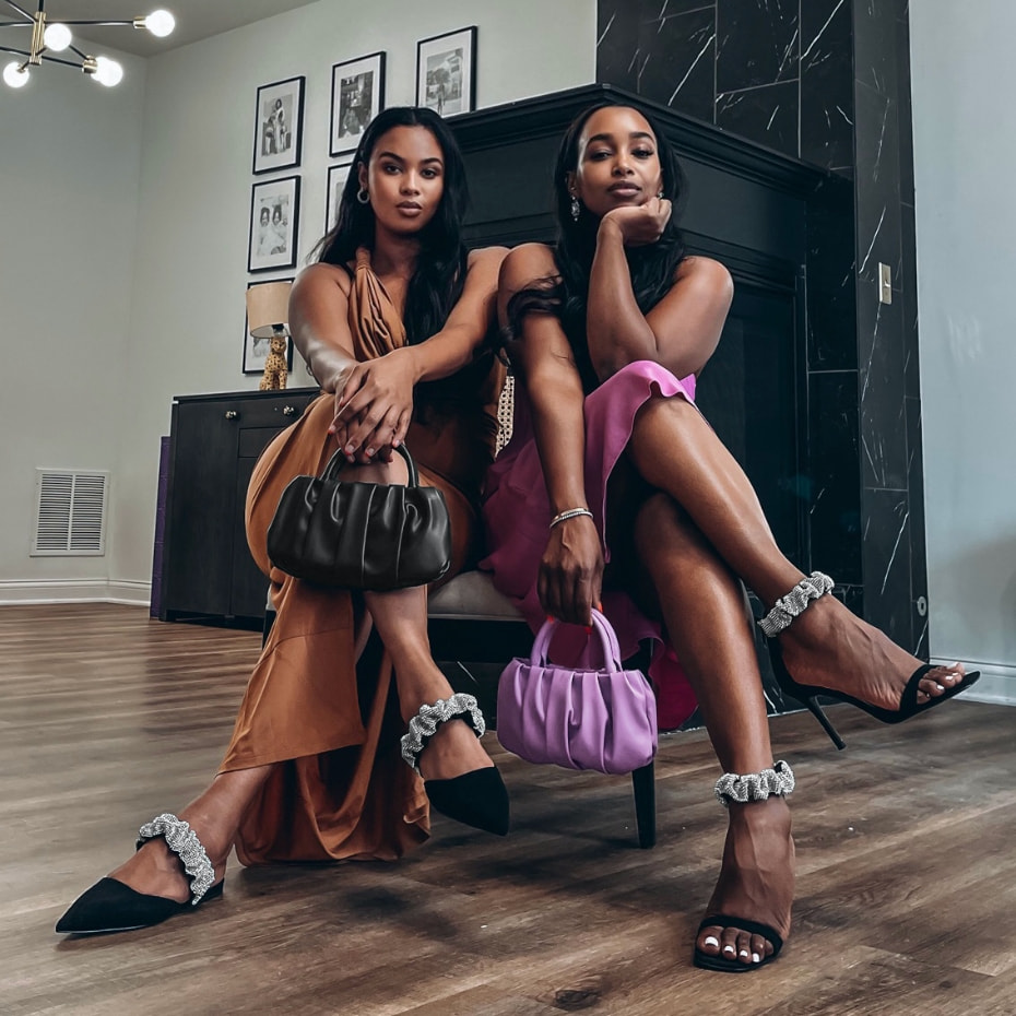 Women’s Claudette ruched top handle bags, gem-encrusted ruched strap textured mules and gem-encrusted ruffle strap stiletto sandals, as seen on Nasteha and Nuni Yusuf - CHARLES & KEITH
