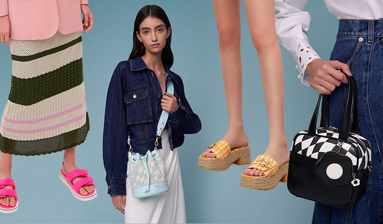 Women’s Minka checkered boxy bag, buckled linen gingham-print platform espadrilles, Danika chunky chain padded bag, and Amora heart cut-out lace-up pumps – CHARLES & KEITH