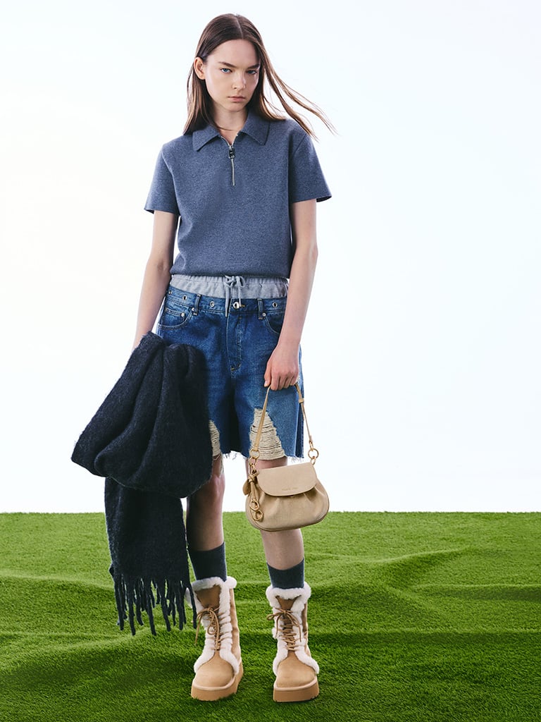 Women's Britton Recycled Suede Ruched Saddle bag in nutmeg beige and boots - CHARLES & KEITH