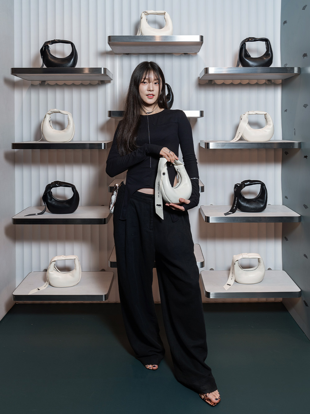 Women’s micro Toni knotted crescent hobo bag and Jessy recycled polyester leopard-print bow heeled sandals,  as seen on Seoeun Choi - CHARLES & KEITH