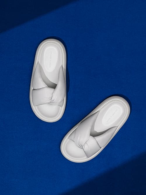 Odessa Nylon Round-Toe Slide Sandals, White