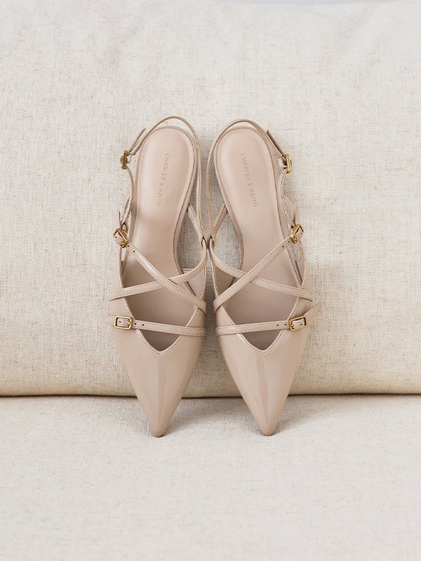 Nude Maybelle Patent Strappy Slingback Flats - CHARLES & KEITH