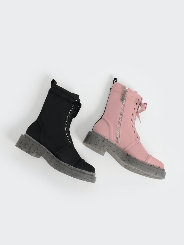 Women’s Charli recycled nylon lace-up ankle boots in black and pink - CHARLES & KEITH
