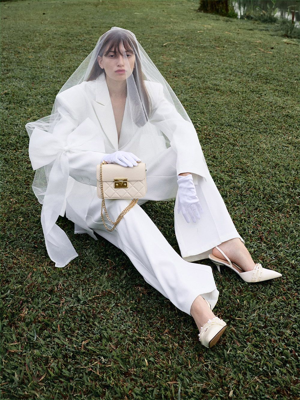 White Leda Beaded Satin Ankle-Strap Pumps- CHARLES & KEITH