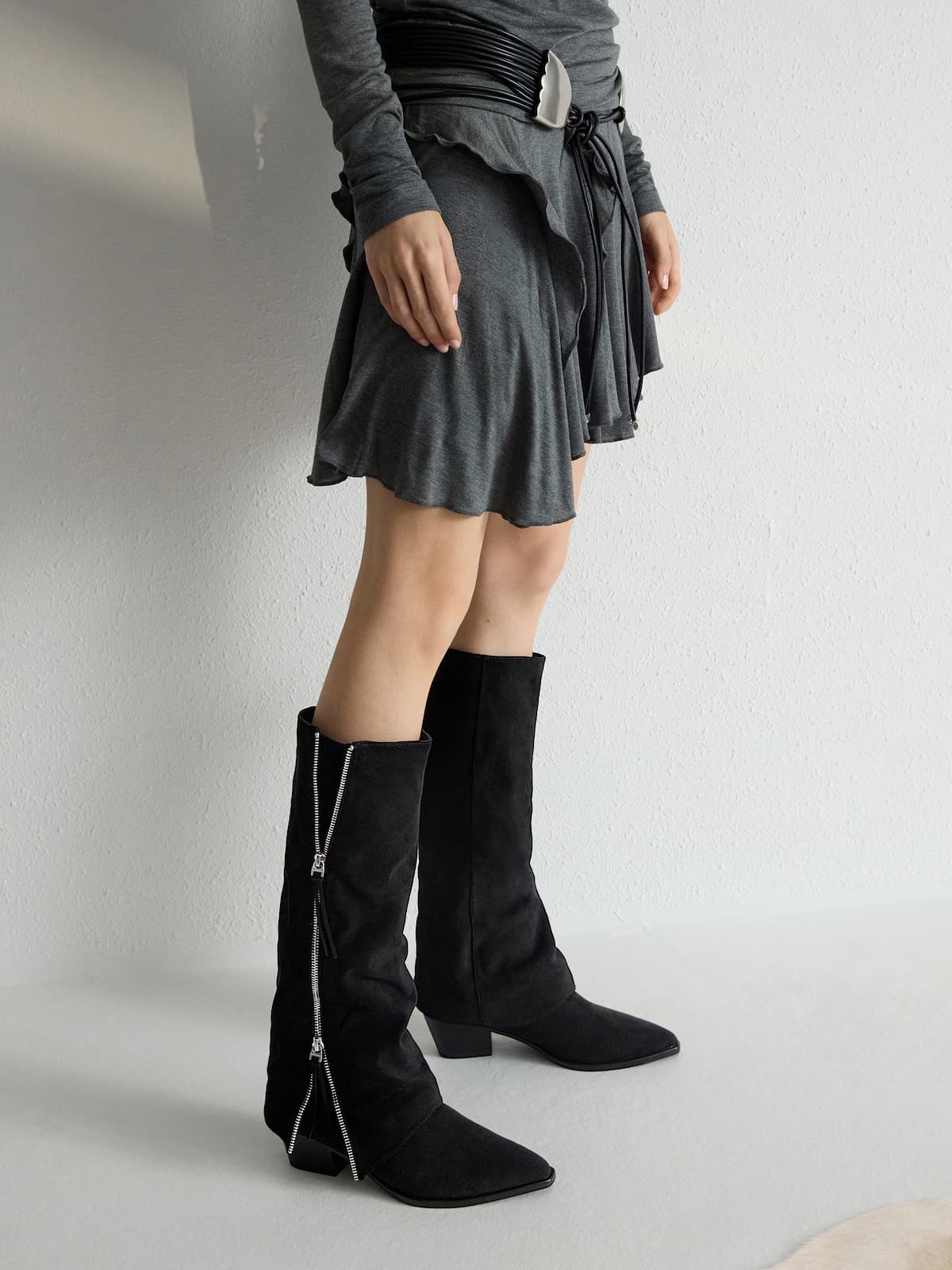 Aether Faux Suede Tassel-Zip Knee-High Boots - Black Textured - CHARLES & KEITH