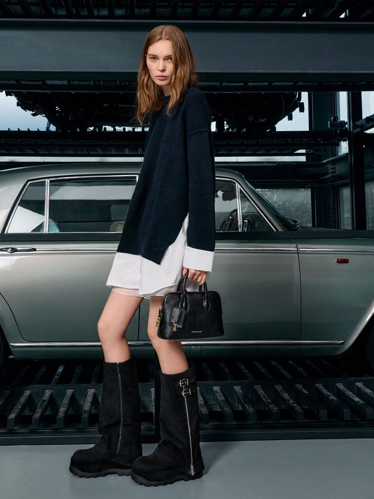 Black Textured Barron Faux Suede Platform Knee-High Boots - CHARLES & KEITH
