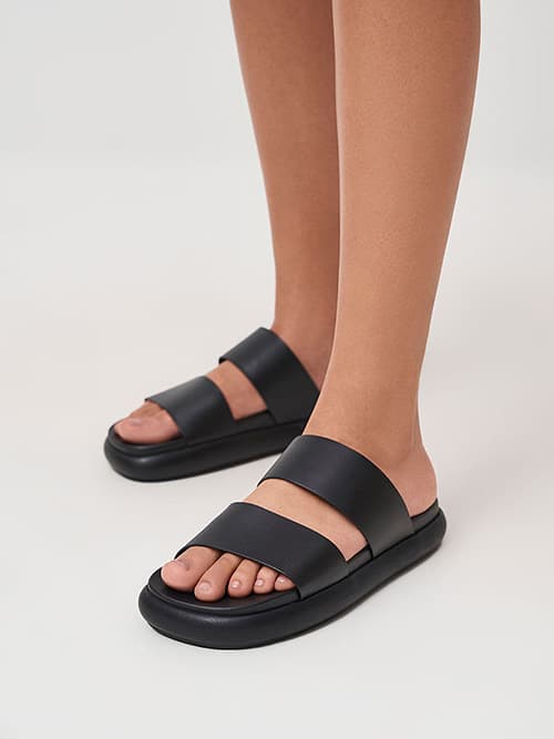 Wide Strap Slide Sandals, Blackk