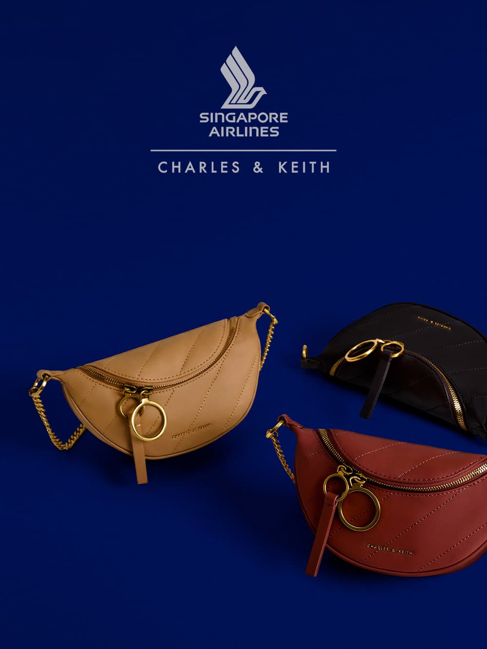 CHARLES & KEITH x Singapore Airlines: Women's camel, brown and brick Philomena upcycled leather crossbody bag - CHARLES & KEITH