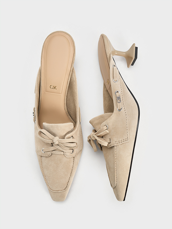 Beige Kori Suede Lace-Up Sculptural-Heel Mules - CHARLES & KEITH