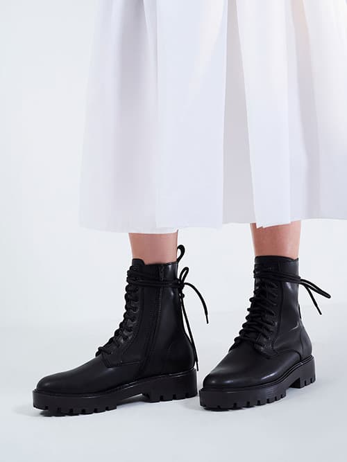 Lace-Up Calf Boots, Black