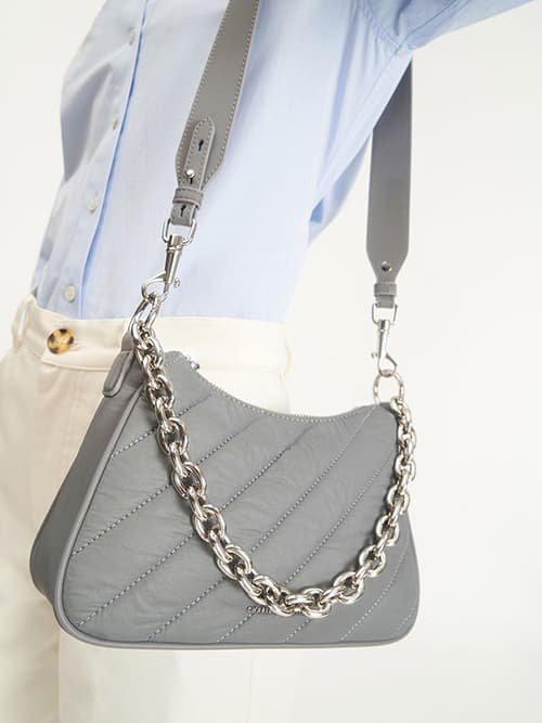 Panelled Chain Handle Crossbody Bag, Grey