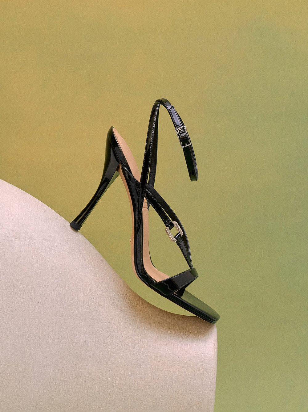 Patent Leather Crystal-Buckle Ankle-Strap Heels in black - CHARLES & KEITH