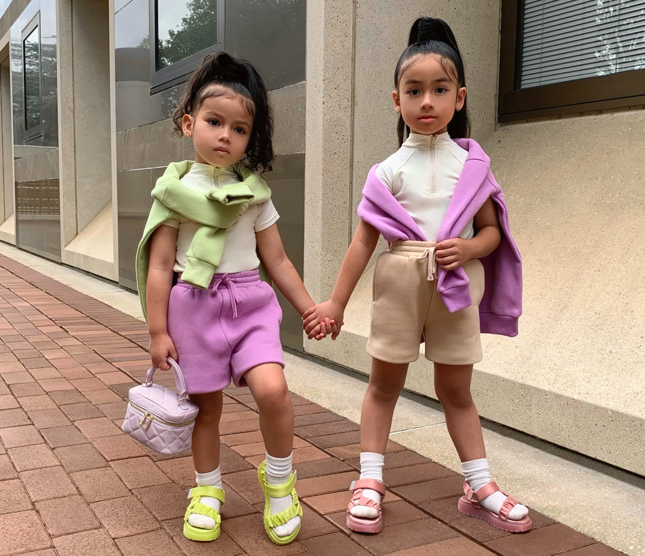 Girls’ fabric ruched sports sandals and two-way zip quilted bag, as seen on Mia and Tatiana (@miaxtati) - CHARLES & KEITH