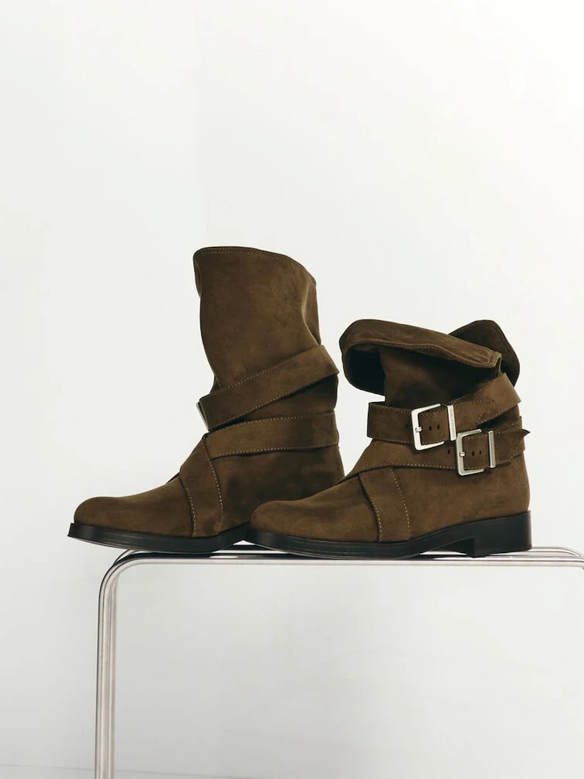 Dark Brown Textured Brett Faux Suede Buckle-Strap Calf Boots  - CHARLES & KEITH