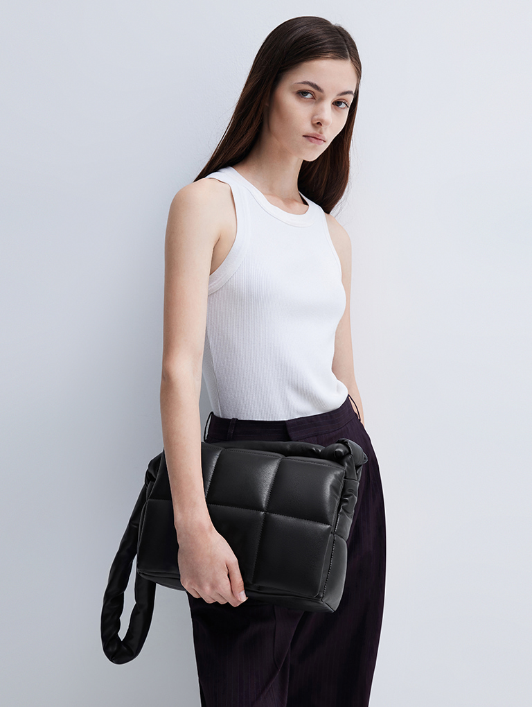 Women’s Errya quilted puffy crossbody bag in jet black - CHARLES & KEITH