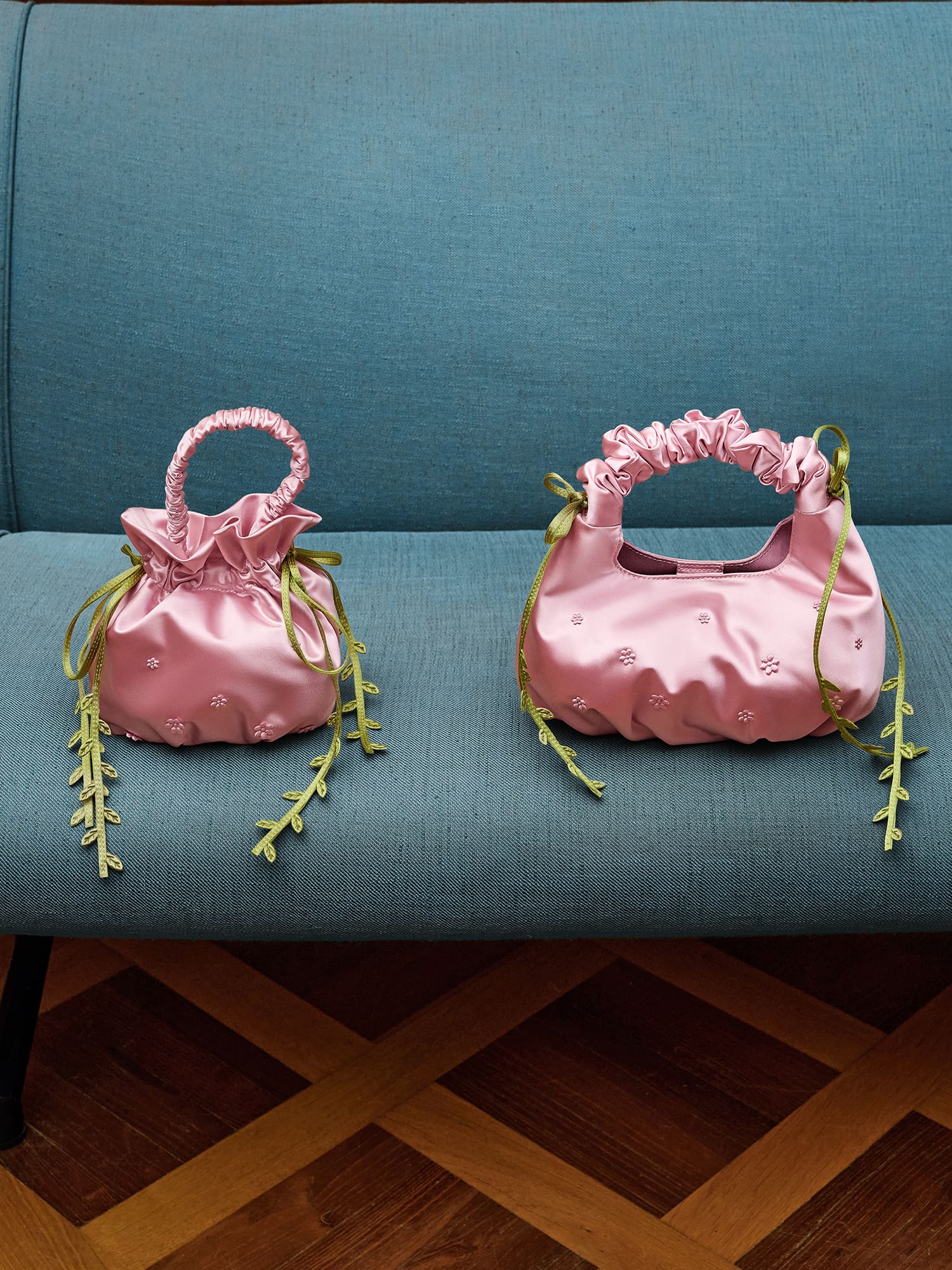 Pink Mabel Satin Floral-Vine Bucket Bag - CHARLES & KEITH