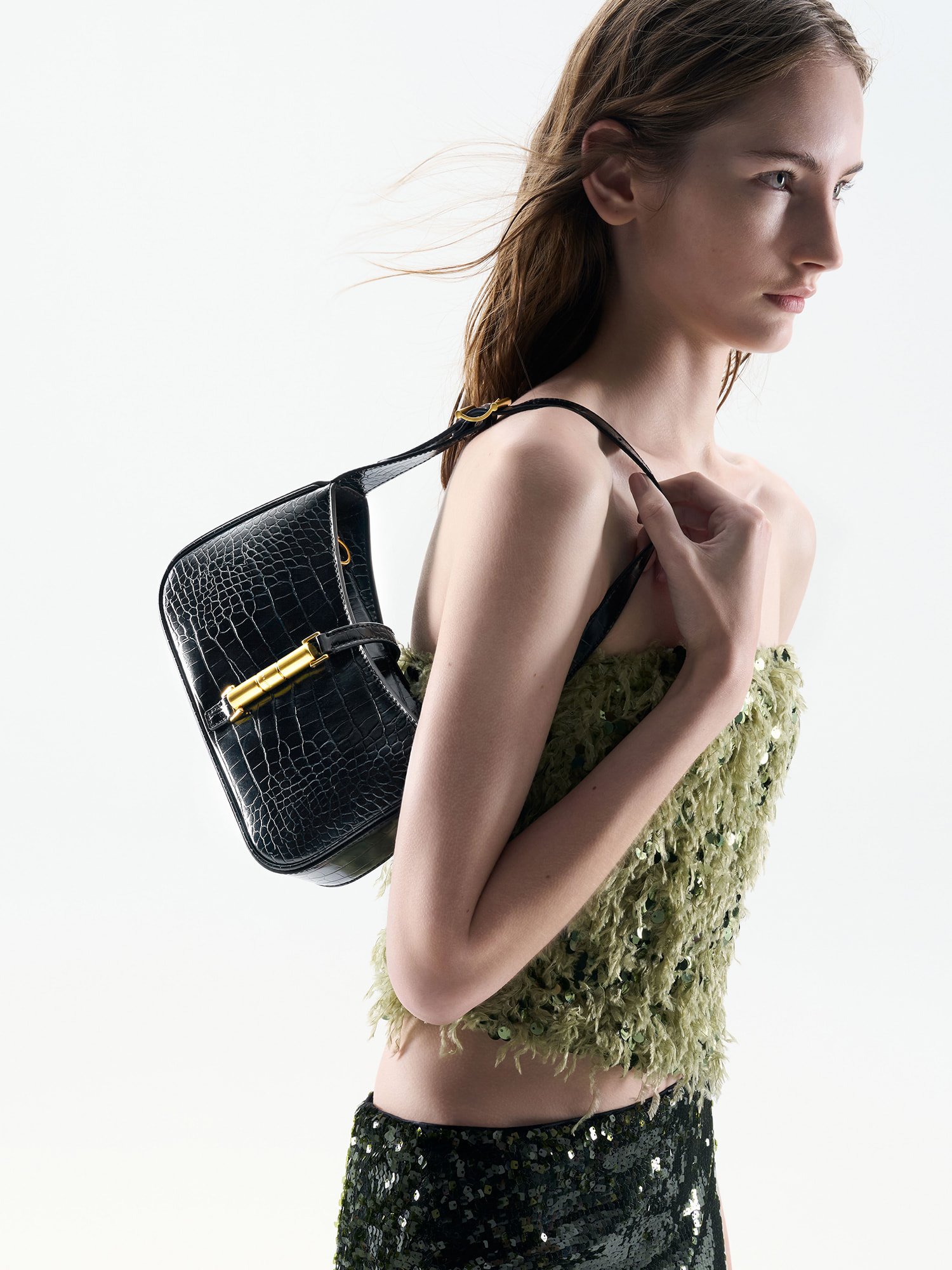 Black Cesia Croc-Effect Metallic-Accent Shoulder Bag - CHARLES & KEITH