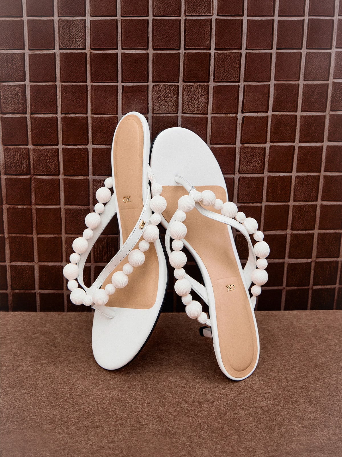Chalk Leather Beaded Thong Kitten Heels -  CHARLES & KEITH