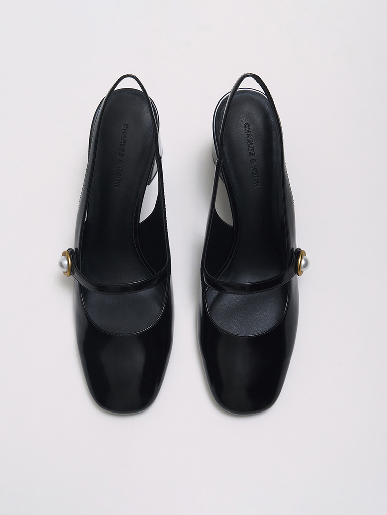 Women’s Pearl-accent Mary Jane pumps in black box (top view)  - CHARLES & KEITH