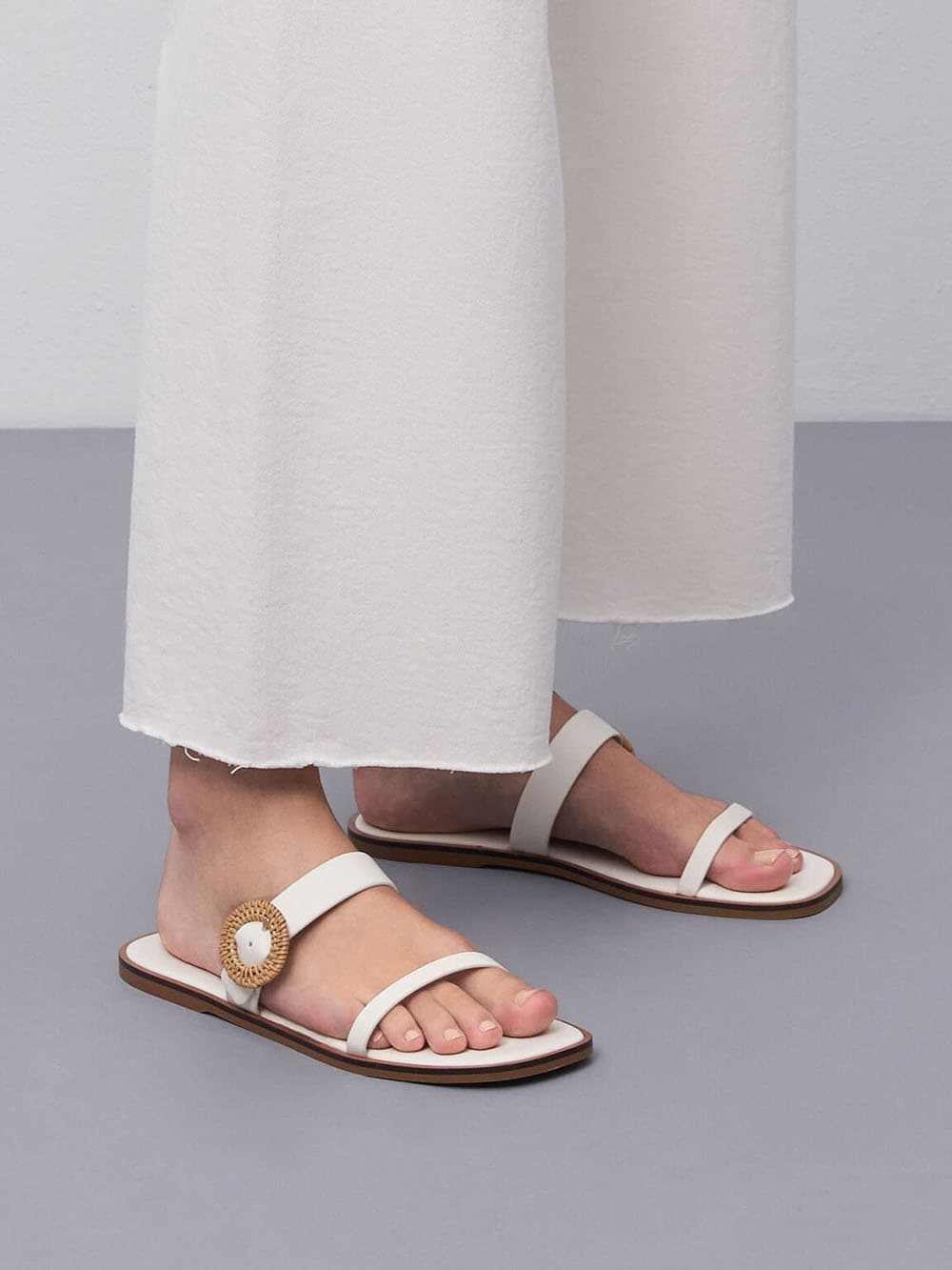 Women's white woven buckle slide sandals - CHARLES & KEITH