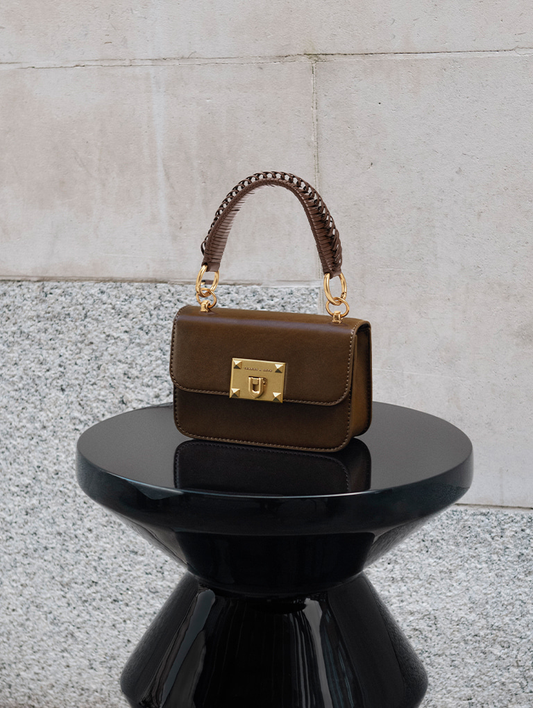 Women's metallic turn-lock bag in dark brown - CHARLES & KEITH