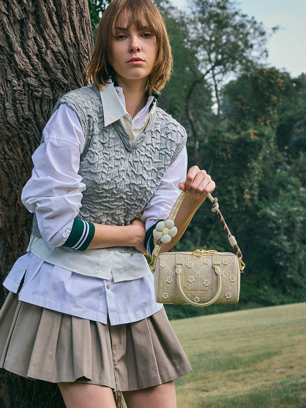 Pale Olive Philomena Raffia Flower Bowling Bag - CHARLES & KEITH