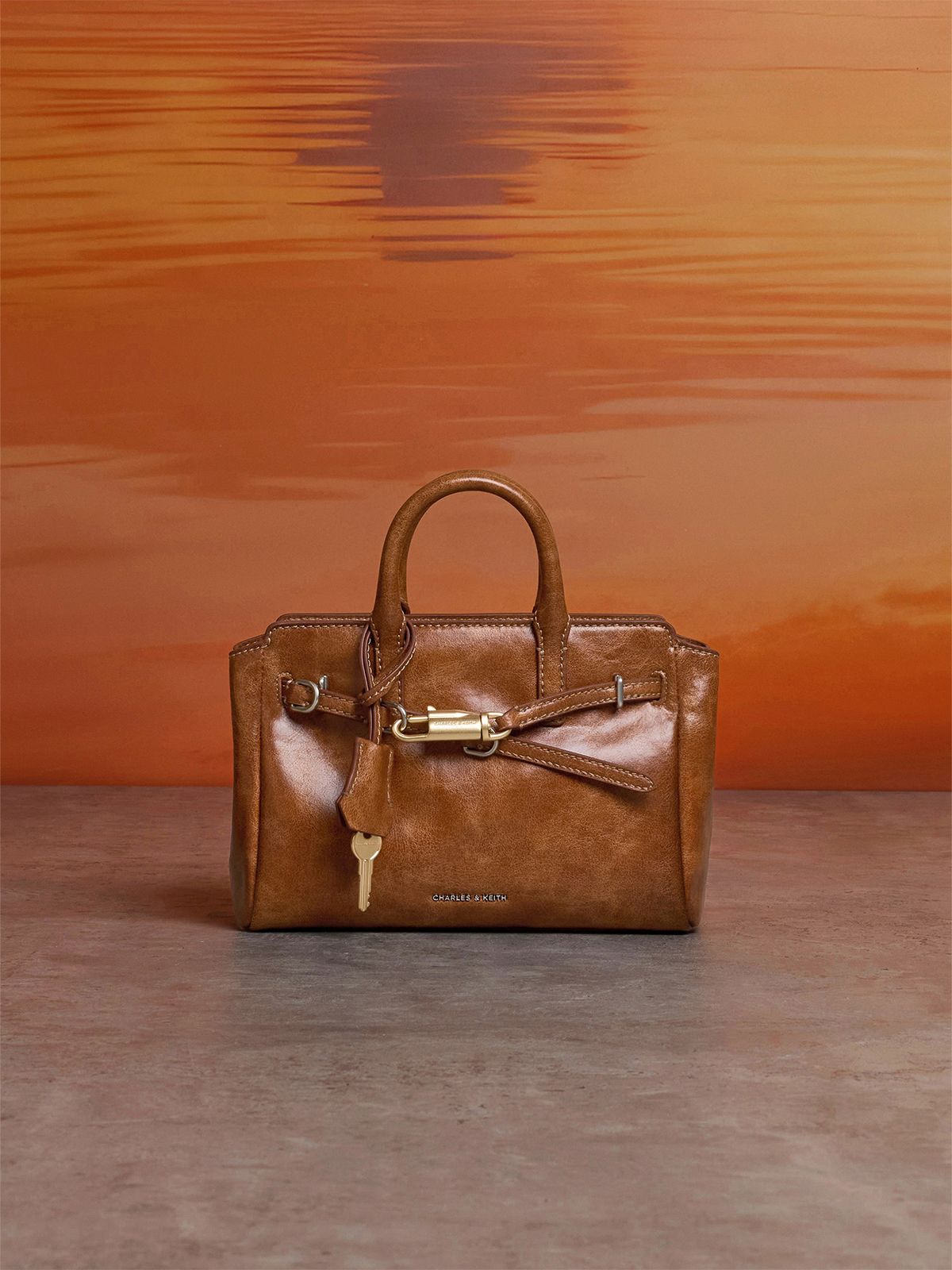 Distressed Tan Delfina Mini Delfina Belted Tote Bag - CHARLES & KEITH