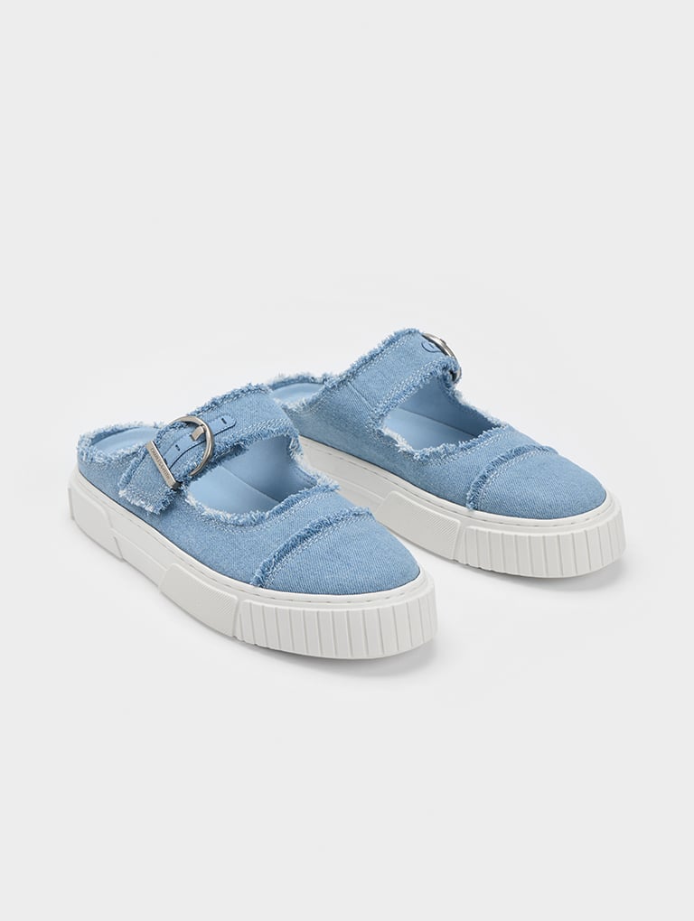 Women’s denim buckled slip-on sneakers in light blue - CHARLES & KEITH