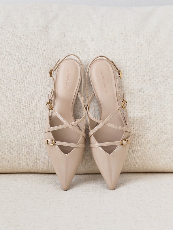 Maybelle Patent Strappy Slingback Flats - Nude -  CHARLES & KEITH