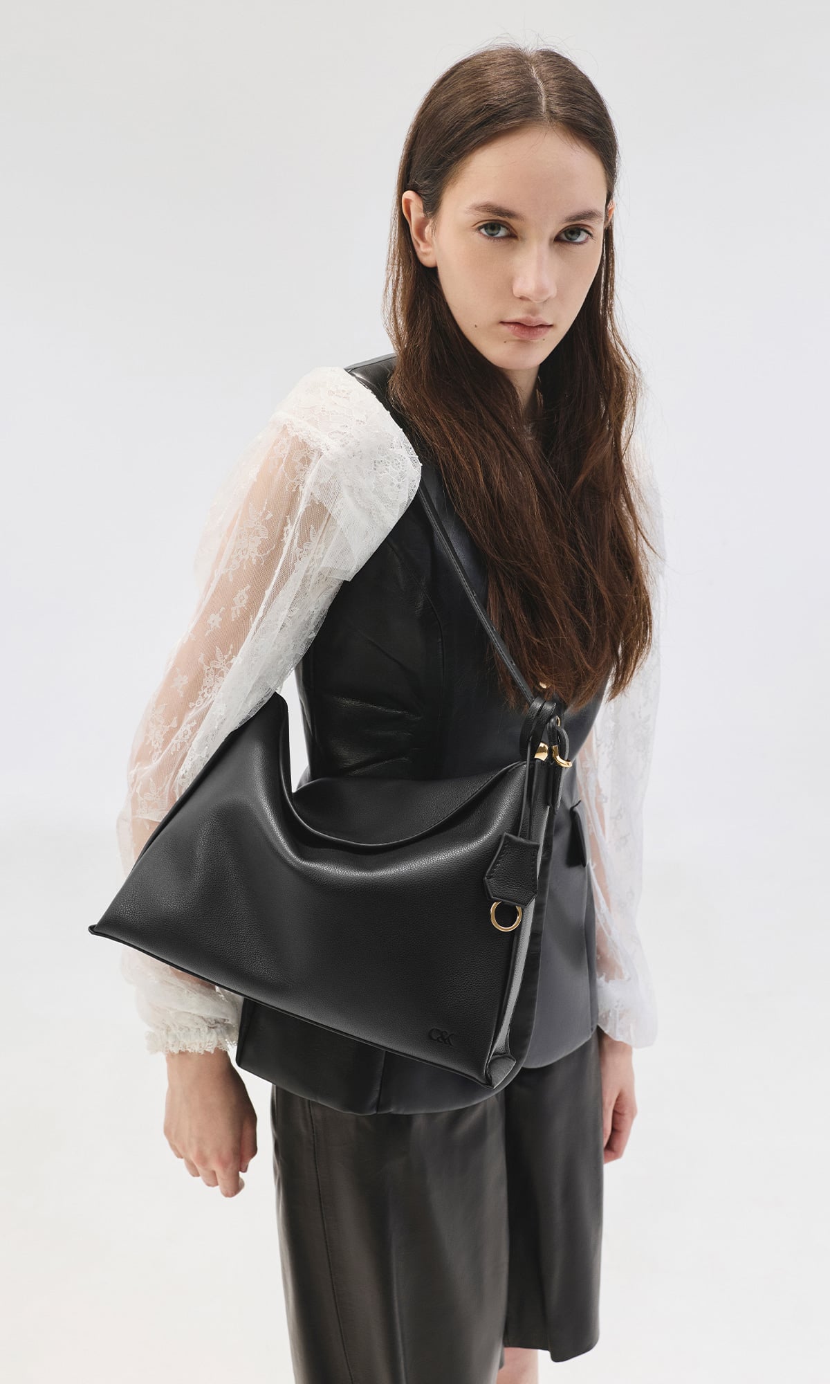 Black Leather Top-Flap Hobo Bag - CHARLES & KEITH