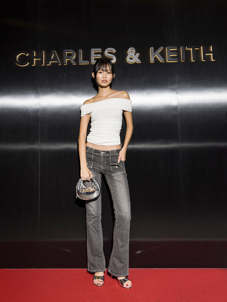 Women’s Mini Croc-Effect Metallic Moon Bag in silver and Metallic Slant-Heel Mules in black  - CHARLES & KEITH