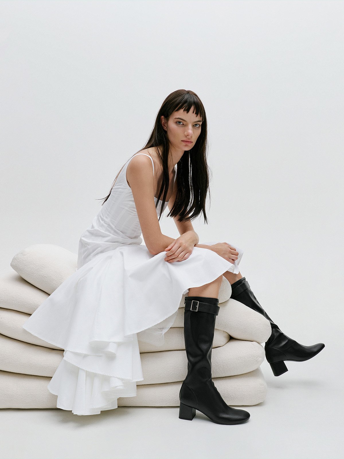 Black Gerry Buckled Block-Heel Knee-High Boots - CHARLES & KEITH